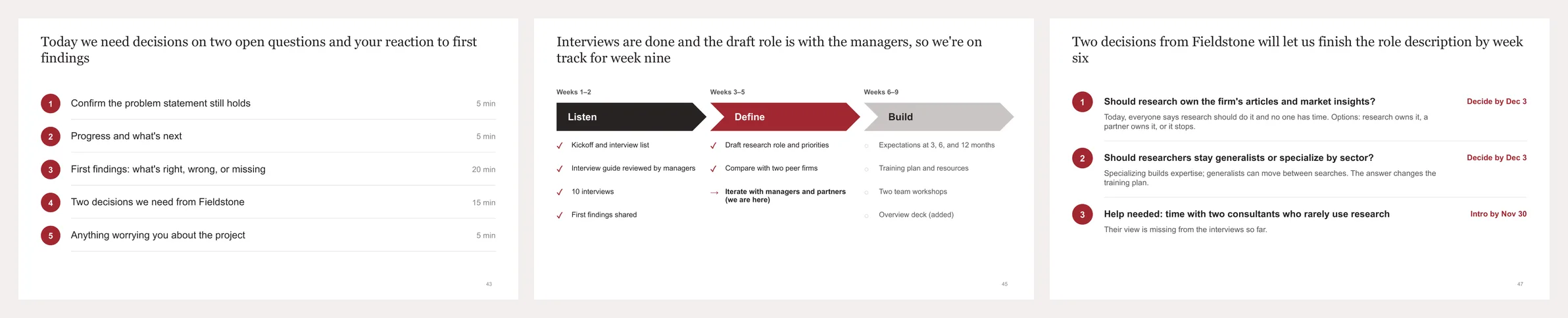 Check-in slides: the agenda, progress across three phases, and two decisions needed from the client