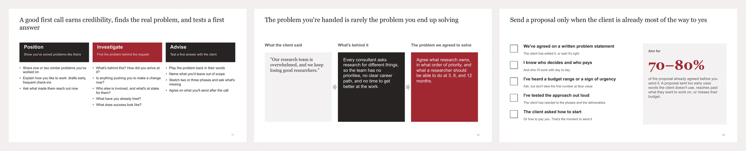 First-call slides: a guide to earn credibility, find the real problem, and test a first answer; the problem behind the request; and a check for when to send a proposal