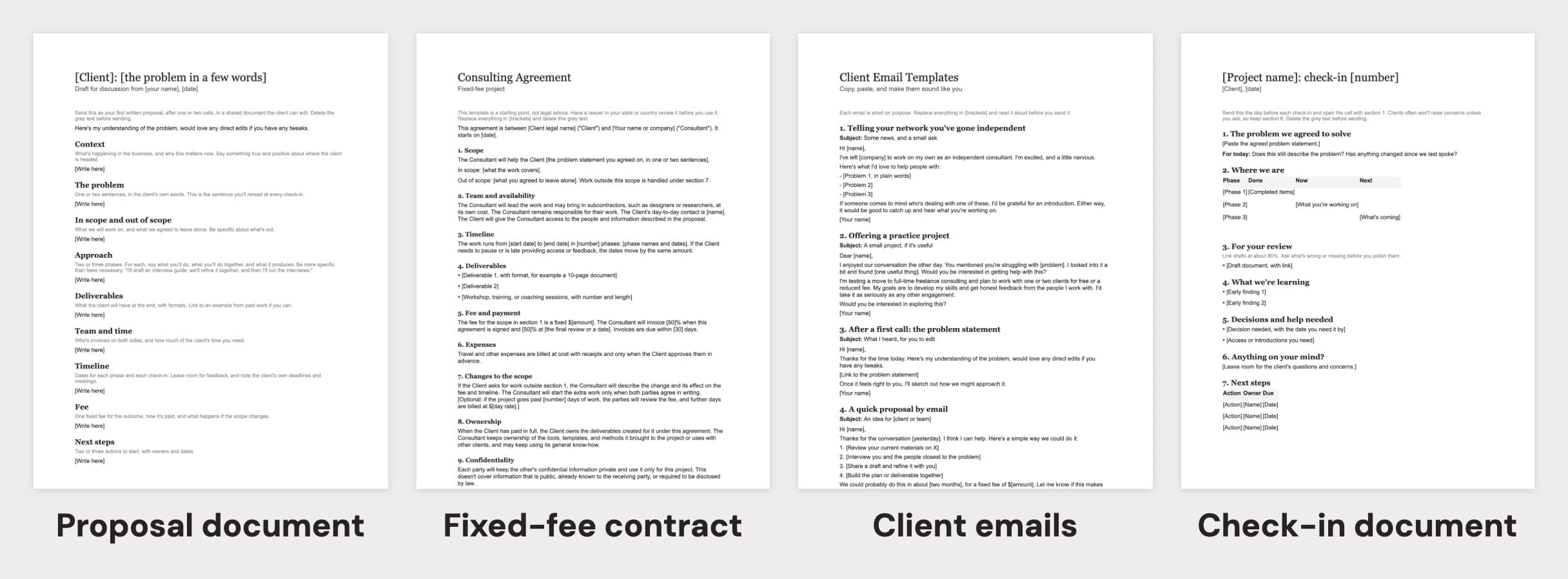 First pages of four Word templates: a proposal document, a fixed-fee contract, client emails, and a check-in document
