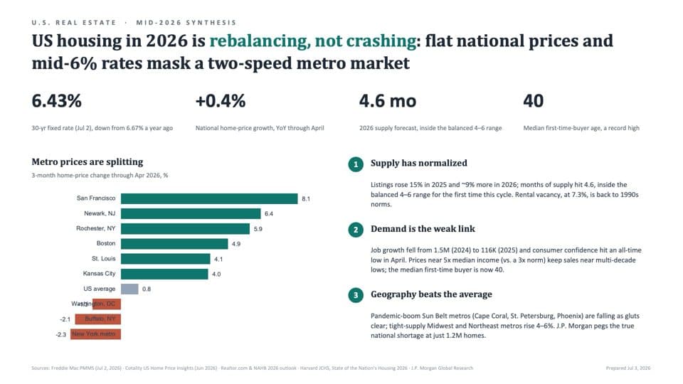 Second draft, made with the Storyline skill, titled: US housing in 2026 is rebalancing, not crashing: flat national prices and mid-6% rates mask a two-speed metro market